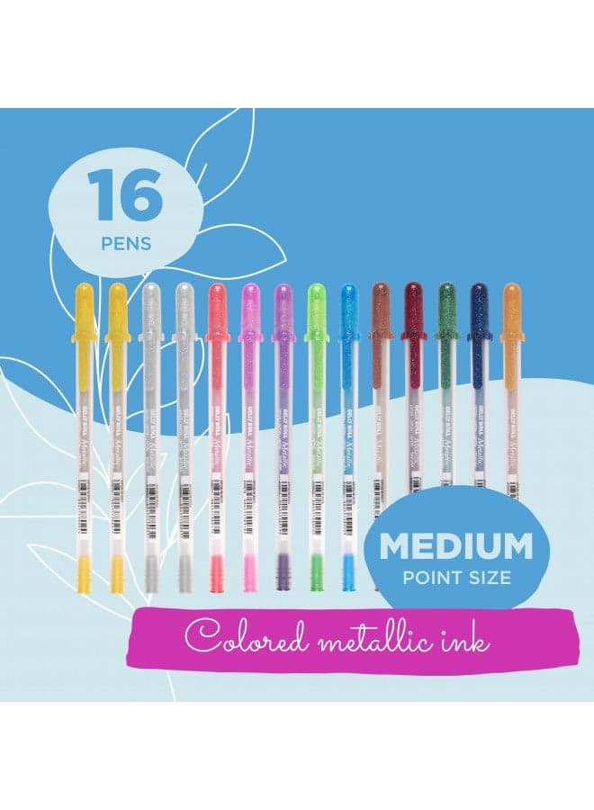 SAKURA Gelly Roll Metallic Gel Pens - Pens for Scrapbook, Journals, or Drawing - Colored Metallic Ink - Medium Line - 16 Pack