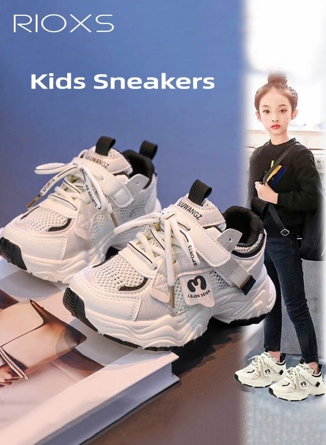Kids Sneakers, Girls Boys Tennis Shoes, Comfy Breathable Mesh Athletic Shoes for Toddler/Little Kid/Big Kid, Lightweight Anti-slip Wedge Running Shoes, Lace-up Chunky Sneaker, White