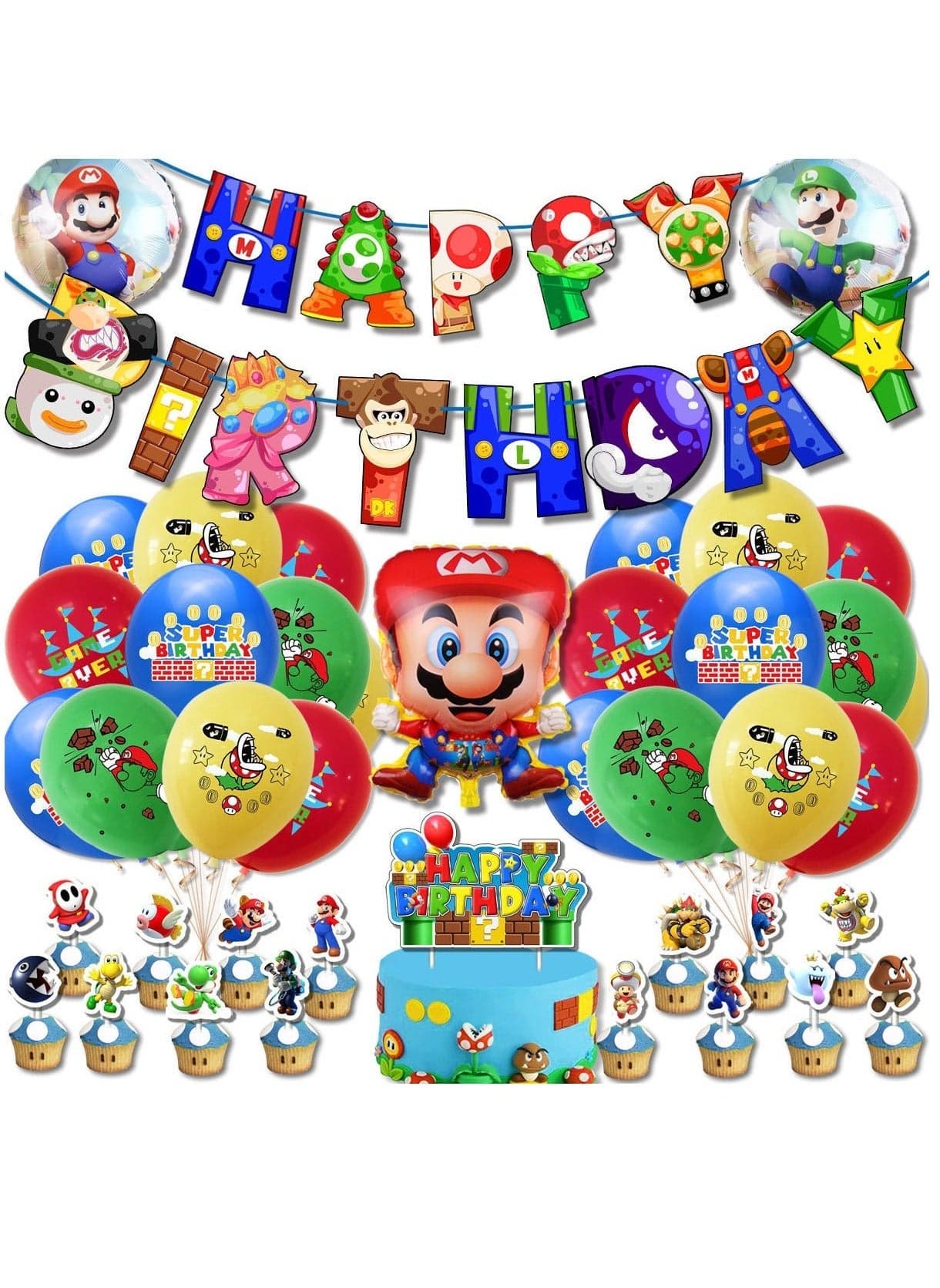 Mario Theme Birthday Party Decoration Set Happy Birthday Banner Bunting Cake Decorating Topper Balloons For Boys Girls Birthday Decoration