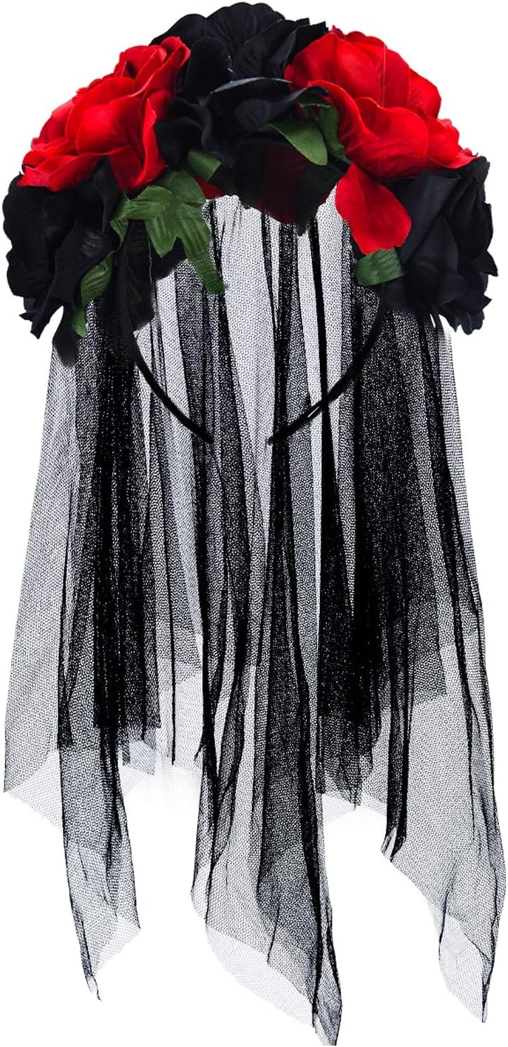 Halloween Black Veil Day of The Dead Headband Headpiece Rose Flower Floral Crown Halloween Costume for Women