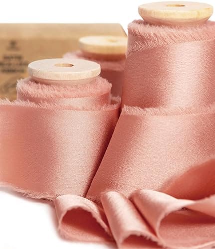 Vitalizart Pink Silk Satin Ribbon 112 inch x 15 Yard Rose Gold Handmade Frayed Ribbons for Gift Wrapping Baby Shower Wedding Bridal Bouquets Holiday Decor