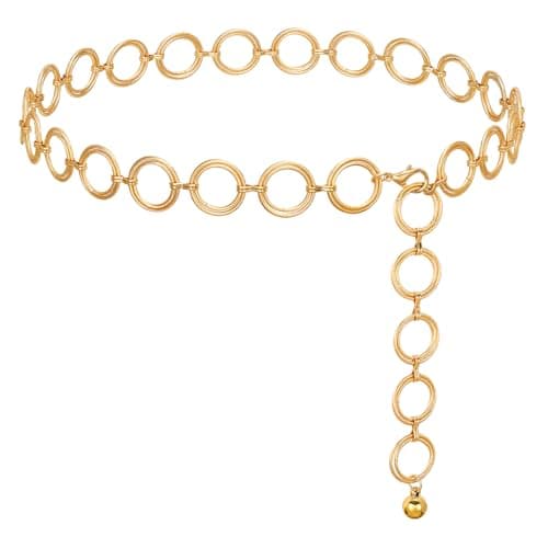 WHIPPY O-Ring Metal Waist Chain Belt Women Fashion Adjustable Body Link Belts for Jeans Dresses, Gold Round M
