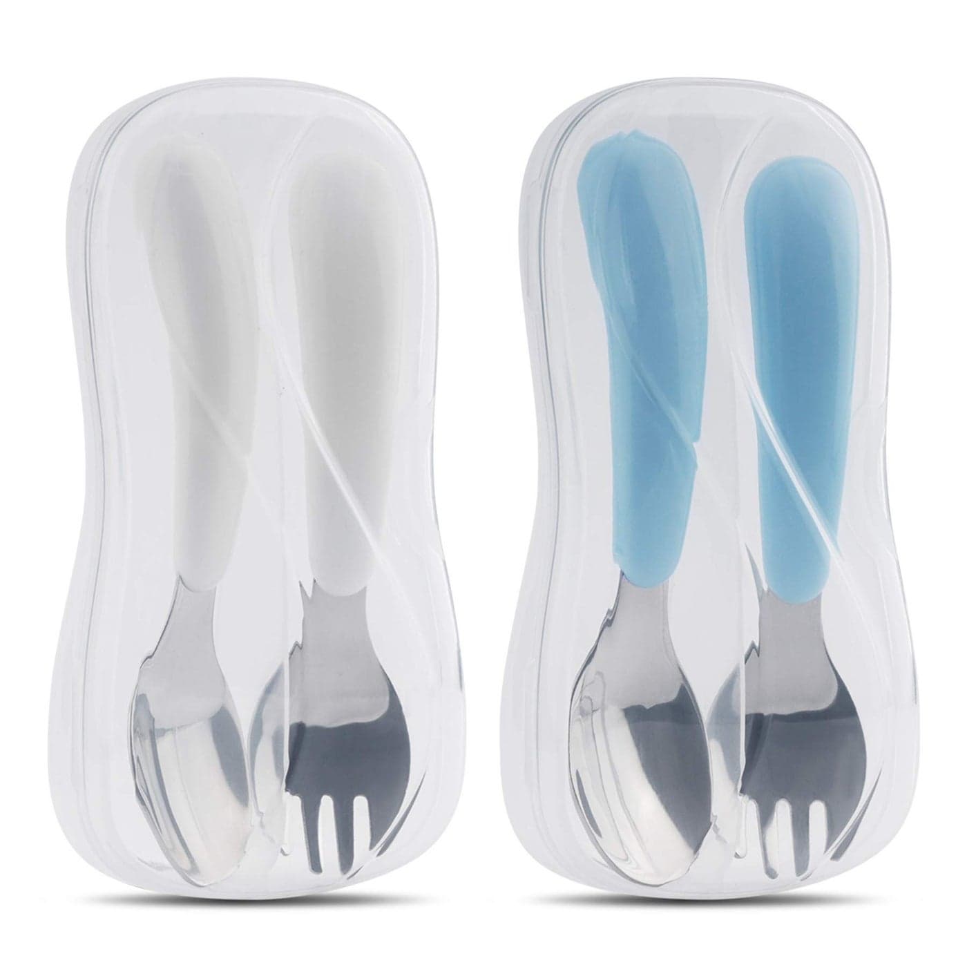 Kirecoo 2 Set Toddler Utensils Toddler Forks and Spoons Stainless Steel kids Silverware Set Designed for Self Feeding Flatware Utensils with Travel Carrying Cases BPA Free White Aqua