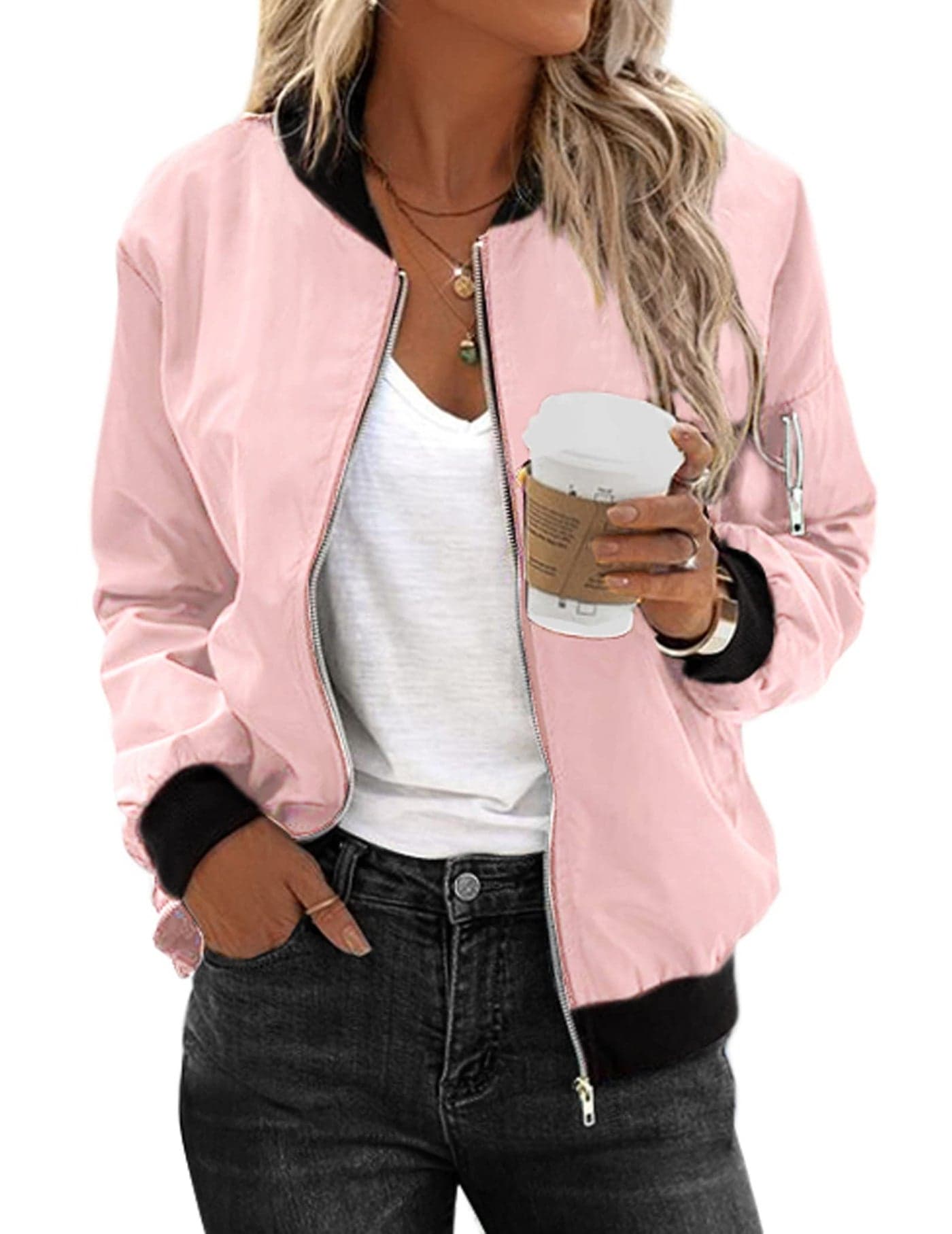 Zeagoo Womens Classic Quilted Jacket Short Bomber Jacket Coat Pink Large