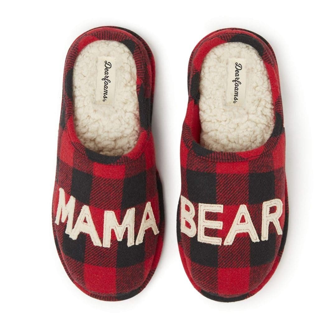 Dearfoams Womens Gifts for Mom Cute Cozy Mothers Day Mama Bear Slipper Buffalo Plaid 910