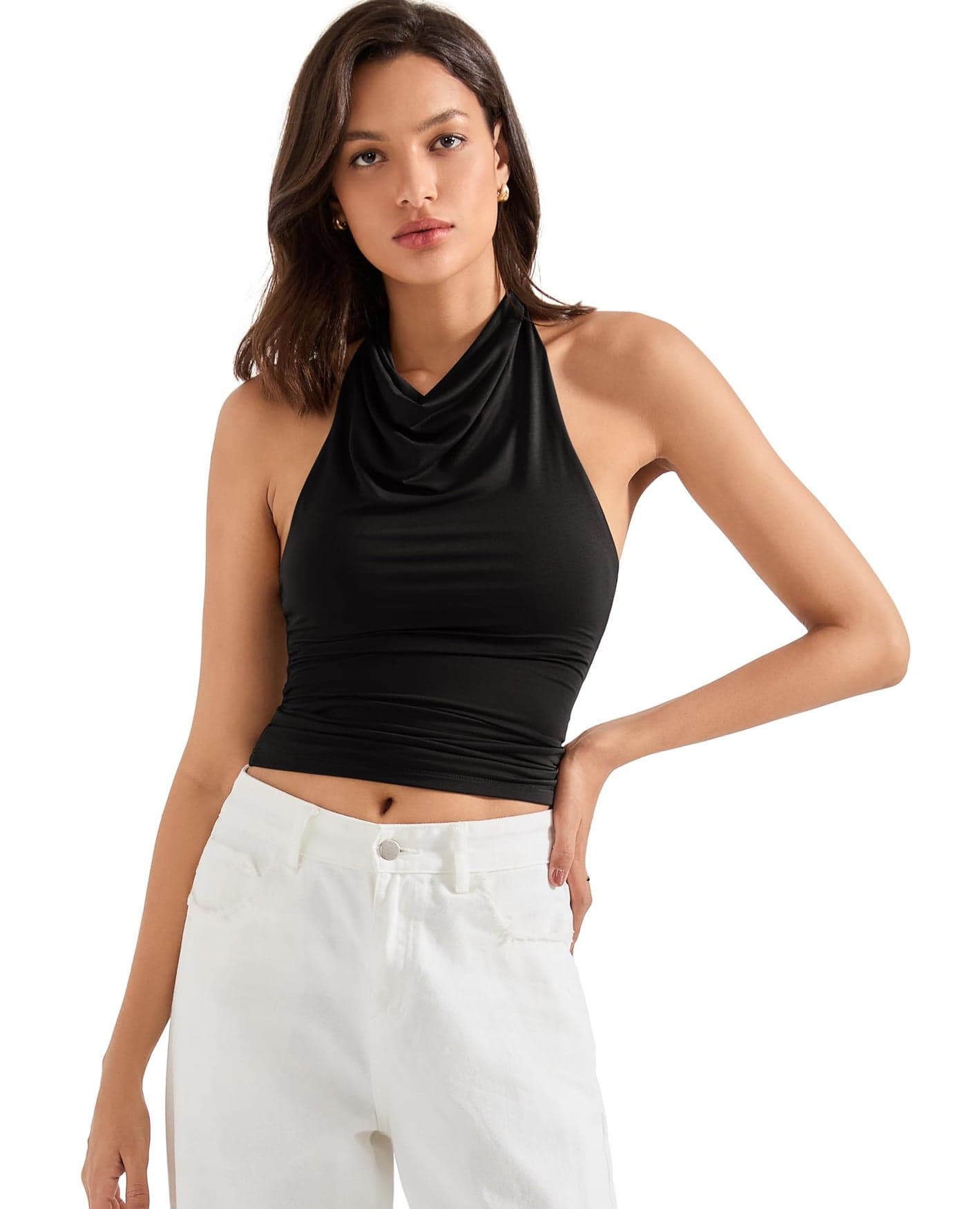 SUUKSESS Women Halter Backless Tank Tops Sexy Cowl Neck Summer Going Out Tops Sleeveless Camisole Top (Black,S)