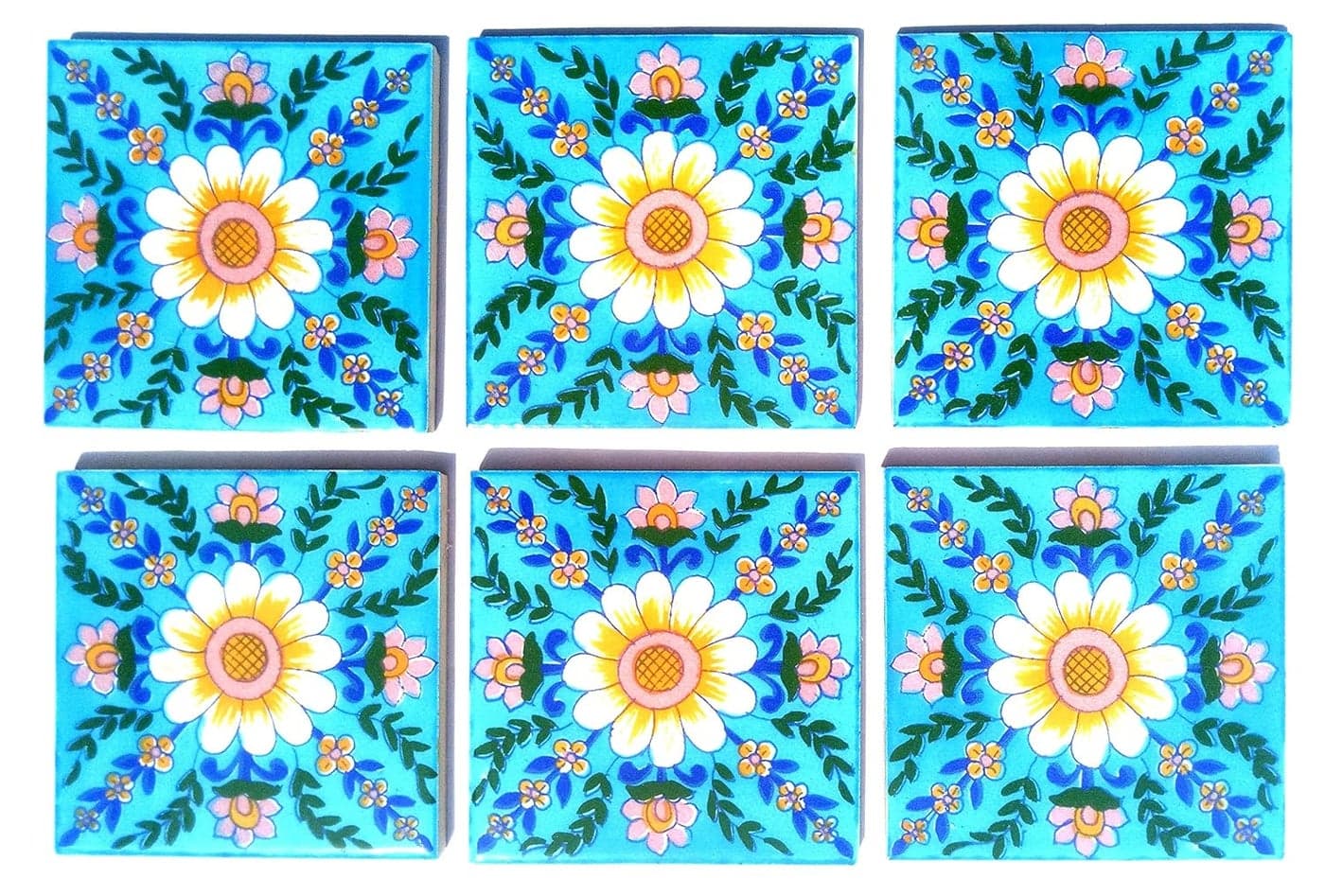 Shiv Kripa Decorative Ceramic Tabletop Interior Exterior Flooring Wall Kitchen Washroom Tile Mosaic Tiles 3x3 Inch 6 Tiles of Set Sky Blue Multi