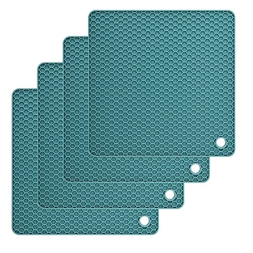 Nstezrne Silicone Trivets for Hot Dishes, Trivet Hot Pads for Kitchen, Trivets for Hot Pots and Pans, Multi Use Silicone Pot Holders Trivet Mat, Heat Resistant Mats for Countertop Set 4 Teal