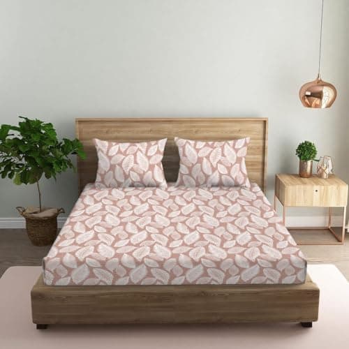 Oak & Lily Queen Size Flat Bedsheet Premium 100% Cotton 210 TC | 2 Large Pillow Covers | 90x100 inches | Washable | European Quality | Cotton Bed Cover | Autumn Leaves Peach Design