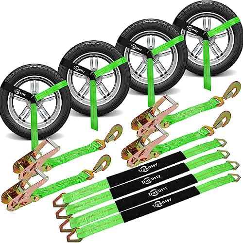 Trekassy 2in x 12ft Car Tie Down Straps for Trailers with Snap Hooks, 10,000lbs Break Strength, (4) Car Hauler Straps with Ratchets, (4) Axle Straps- Used for Car, Truck, UTV Transport