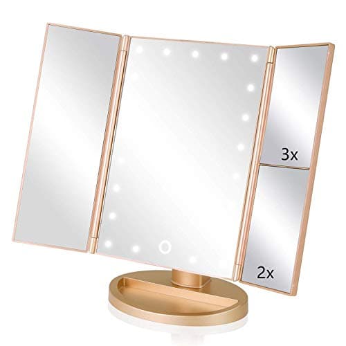 Infitrans Trifold Makeup Mirror Vanity Mirror with Lights,1X 2X 3X Magnification,Touch Control,Adjustable Rotation,Dual Power Supply,Portable Travel Cosmetic Mirror,Birthday Gifts for Women,Teengirls