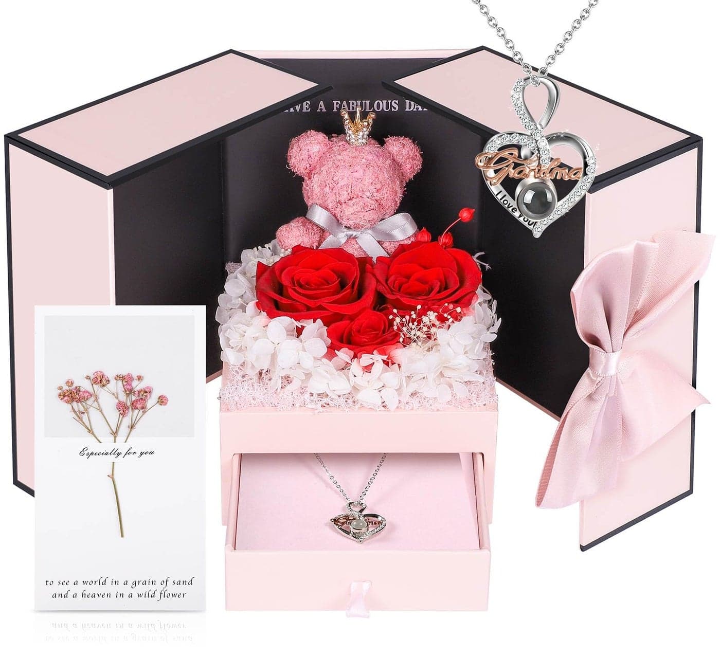 ADDWel Great Gifts for Grandma Preserved Real Roses with I Love You 100 Languags Grandma Silver Necklace Cute Bear and Eternal Roses for Grandmother Nana Birthday Christmas Valentines Day