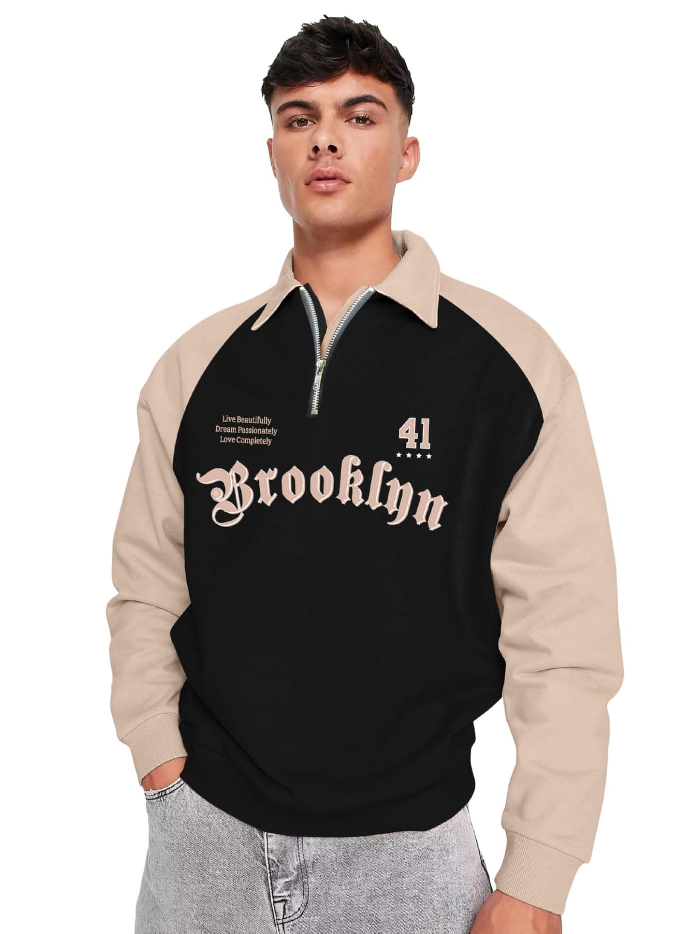Jump Cuts Mens Printed Polo Neck Full Sleeve Black and Beige Cotton Blend T-Shirt