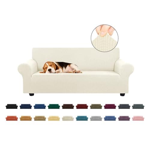 KEKUOU Stretch Loveseat Sofa Cover SlipcoverCouch Covers for 2 Cushion Couch Sofa 5579 Furniture Protector Sofa with Elastic Bottom for KidsDog Jacquard Small CheckedMediumBeige