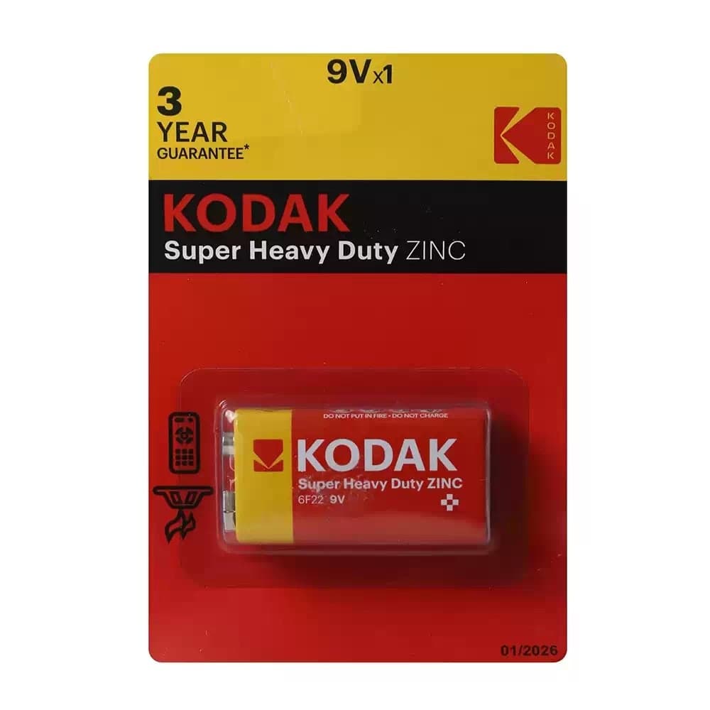 Kodak Super Heavy Duty Zinc Batteries 9VX1, No Mercury Nor Cadmium Added