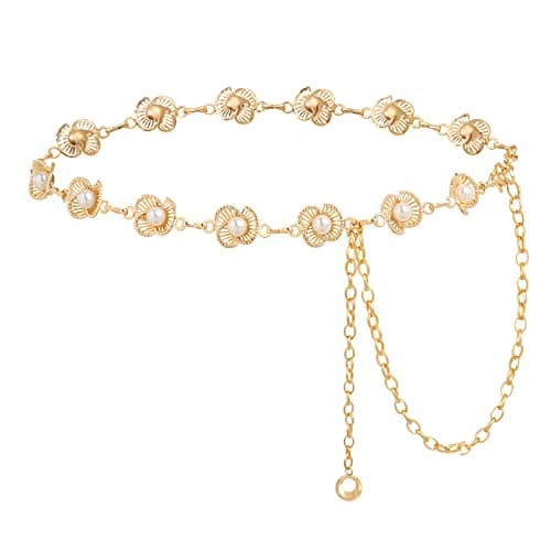 AWAYTR Waist Chains Belts for Women - Rhinestone Gold Silver Chain Belts for Dresses (Gold-Pearl Flower)