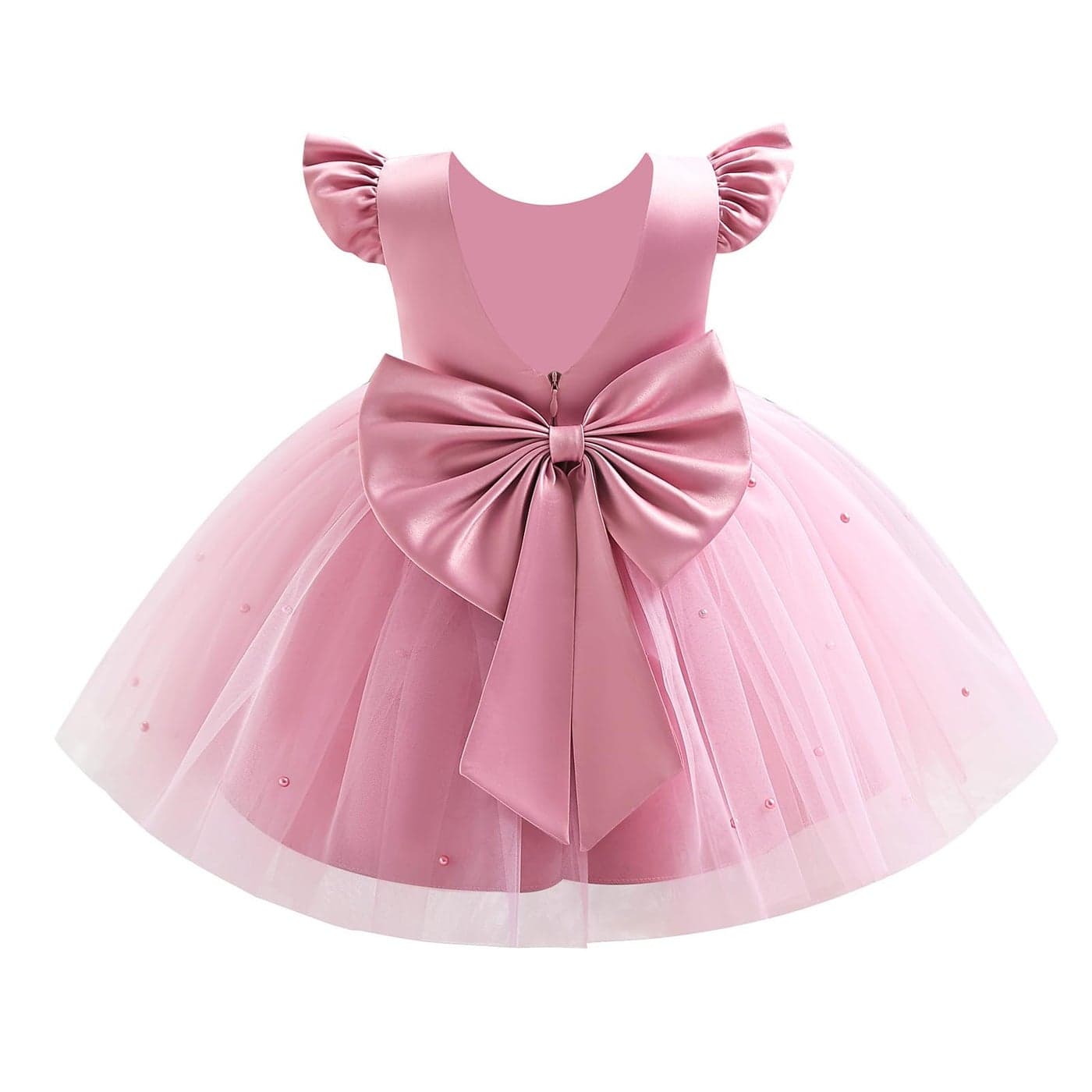 OBEEII Infant Baby Flower Girl Dress Satin Pearls Tulle Tutu Dress Bowknot V Back Pageant Party Formal Baptism Dress Dusty Pink 612 Months