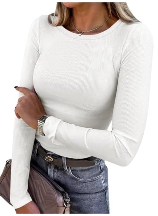 Women Long Sleeve Shirts Rib Knit Slim Fit Tops Basic Tee Fall Outfits Casual T-Shirt Underscrubs Layer Clothes
