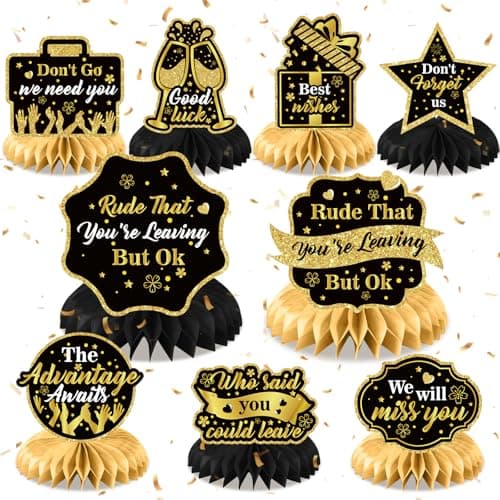 9Pcs Farewell Party Decorations Black Gold Rude That Youre Leaving But Ok Honeycomb Centerpieces We Will Miss You Table Topper Decor for Coworker Leaving Goodbye Going Away Retirement Party Supplies