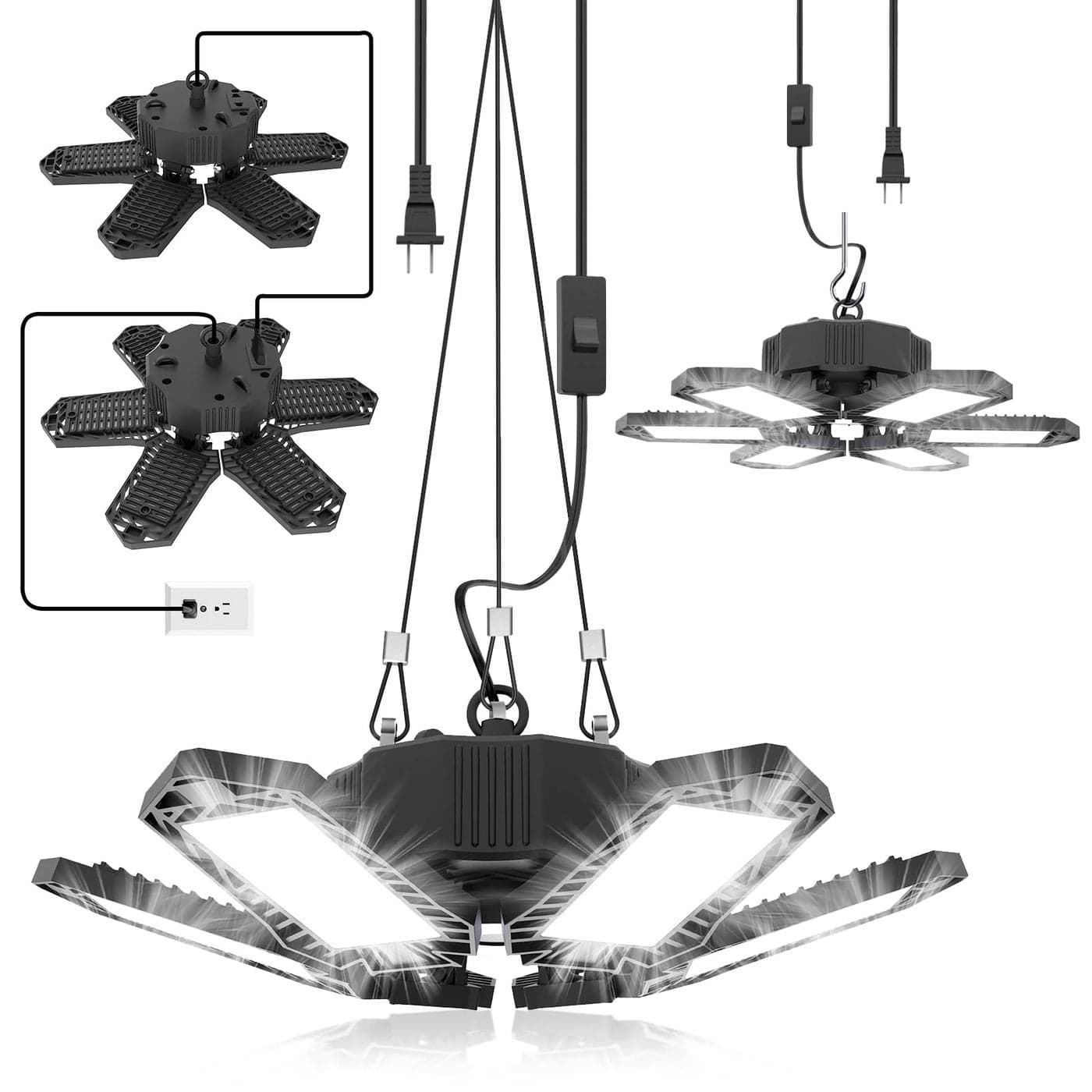 SEOBIOG 2 Pack Plug in Garage Light Upgraded 200W 20000LM Linkable LED Shop Light 6500K Ceiling Lights w 6 Deformable Panels for Garage Warehouse Barn Basement Builtin ONOff Switch