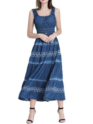 DREFBUFY Women's Maxi Dress Sleeveless Denim Long Summer A-line Casual Blue Cotton Boho Flowy Sundresses for Women