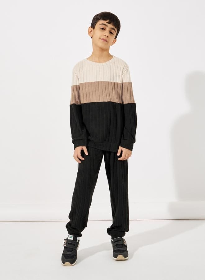 Color Block Rib Knit Patch Detail Sweatshirt and Joggers Set