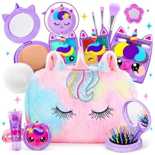 ULOVEME Kids Real Makeup Kit for Little Girls Real Non Toxic Washable Make Up Toy Umicorn Toys Gift for 3 4 5 6 7 8 9 10 12 Years Old Girls Birthday Rainbow Crossbody Bag
