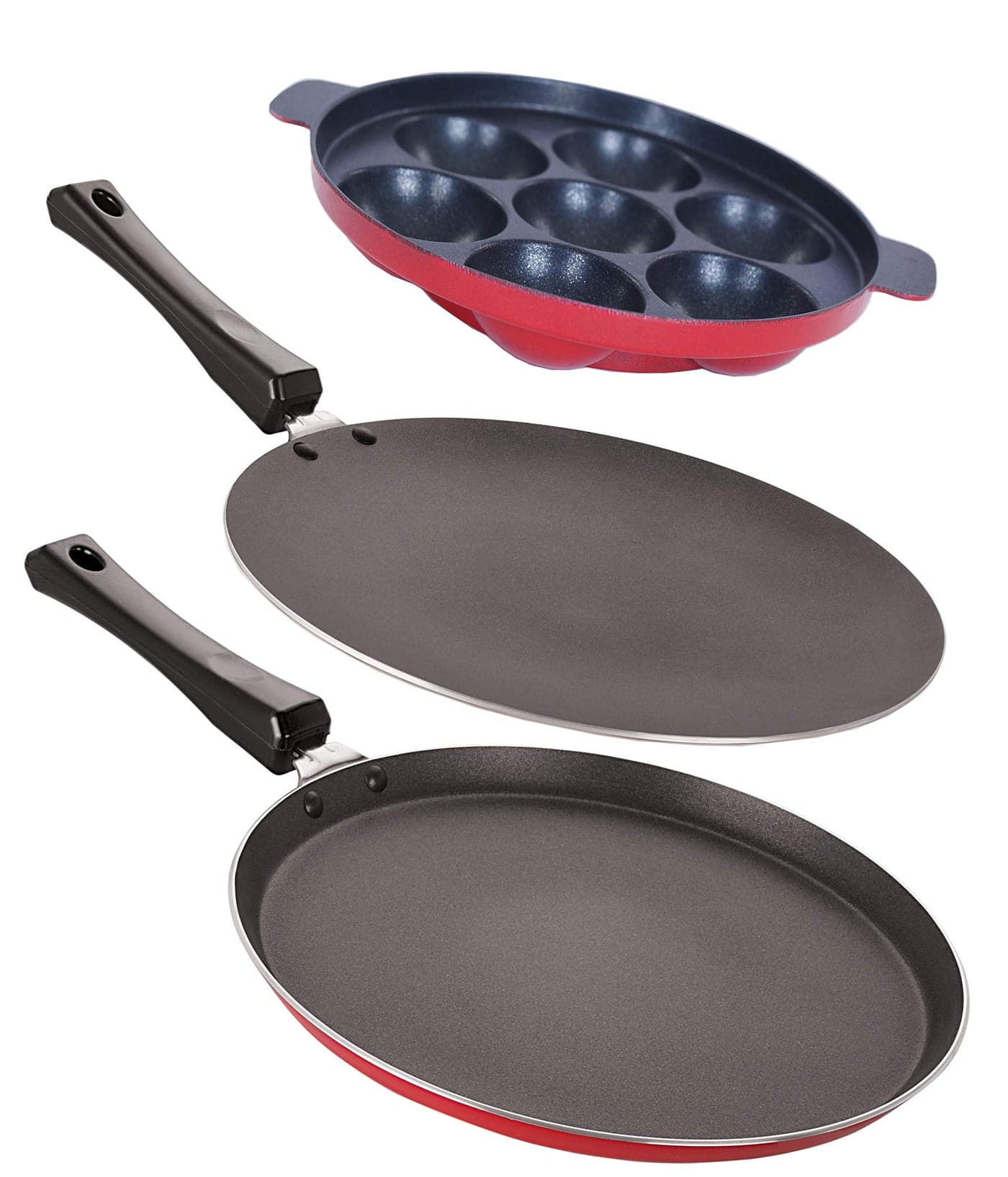 Nirlon Non-Stick Odor Free 3 Piece Gas Compatible Cookware Combo Set Offer with Bakelite Handle, Red and Black Color