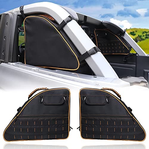 RERPRO Rear Trunk Roll Bar Storage Bag for 2021 2022 2023 2024 2025 Ford Bronco 4 Door Interior Accessories Organizer Cargo Cage Saddlebag Tool Kit Holder Multi Pocket Handbag, Yellow Edge 2 Pack