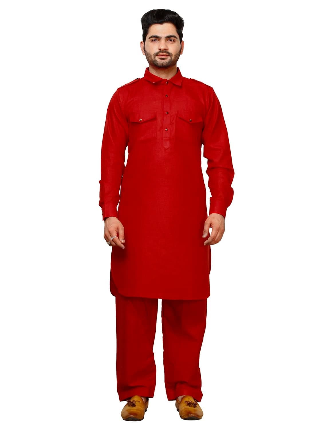 Pro-Ethic Style Developer Men Cotton Pathani Suit Set|Solid Pattern|Classic Collar (A-116) (Red, M)
