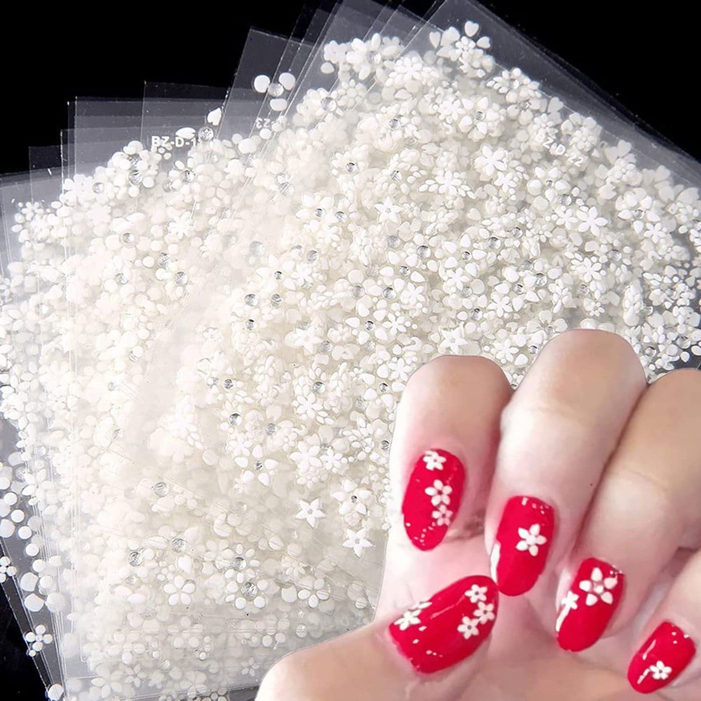 30 Sheets White Flowers Nail Art Stickers 3D Self Adhesive Nail Sticker Design Holographic Small Floral Nail Art Decals Nail Supplies for Women Girls Manicure Charms Decoration Floral Nail Decal