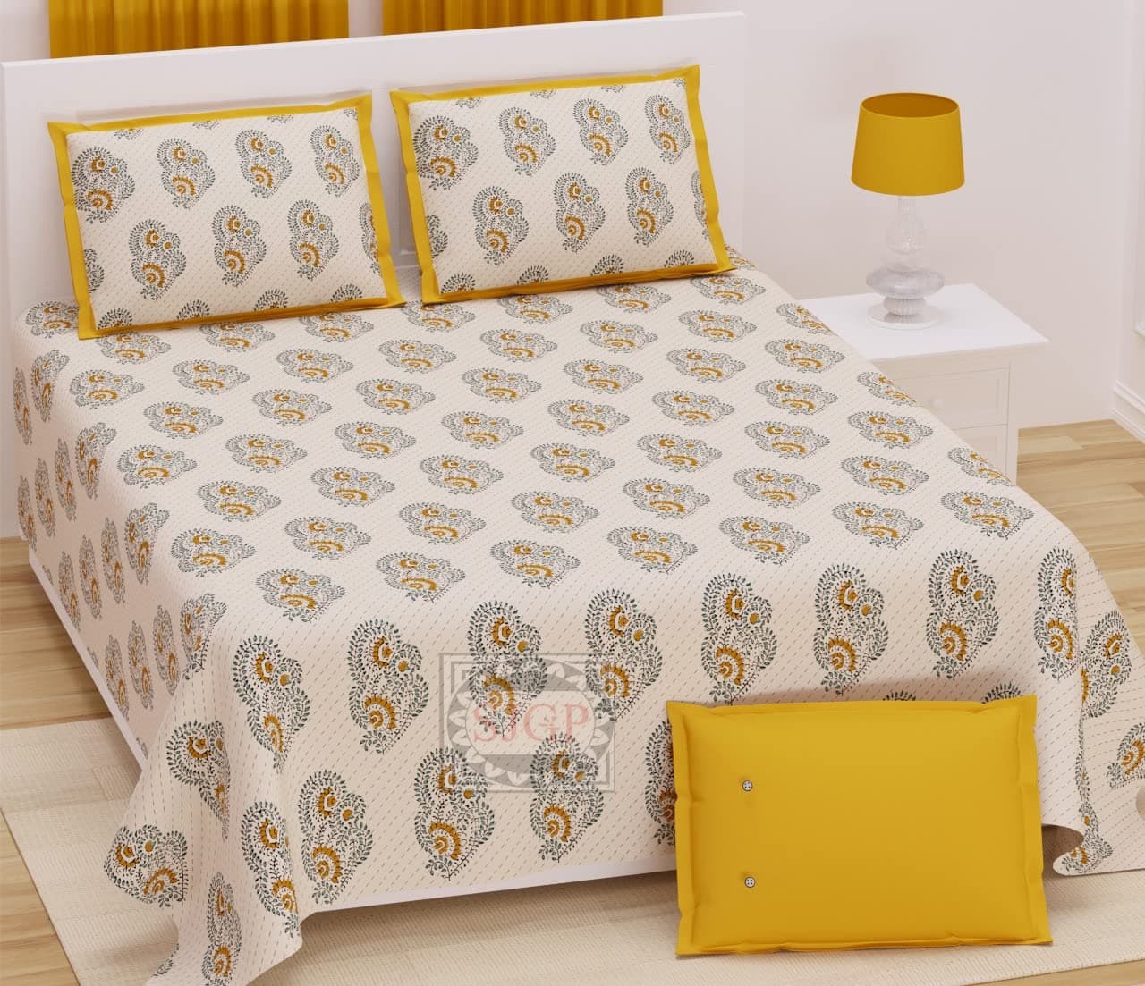 PURE COMFORT 100 Percent Cotton Rajasthani Super King Size Double Bedsheet with 2 Pillow Covers, Super King, Yellow