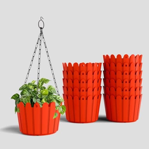 YUCCABE ITALIA SHERA Hanging Fence 8 INCH Planter Pot Plastic Flower Hanging Pots for Home Decoration Sutiable for Indoor and Outdoor (Red, Pack of 12)