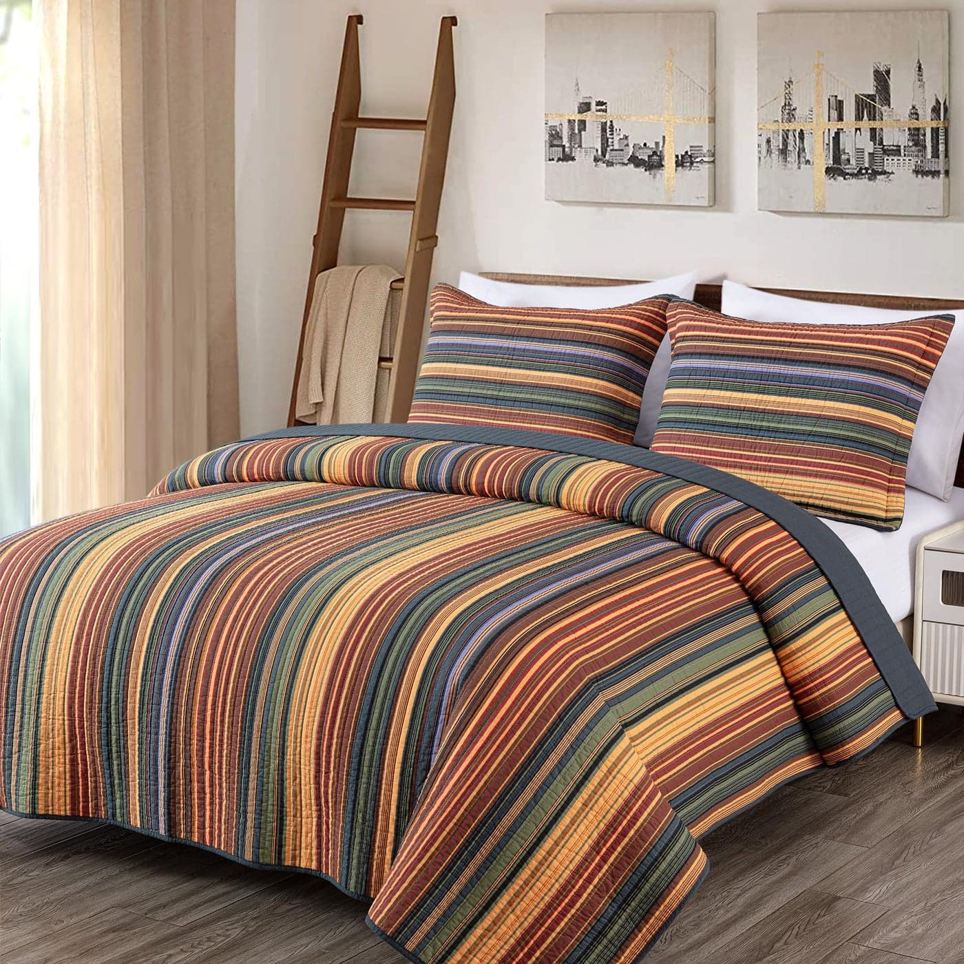Chezmoi Collection Avery 3Piece MultiColor Striped 100 Washed Cotton Quilt Set Oversized King Size