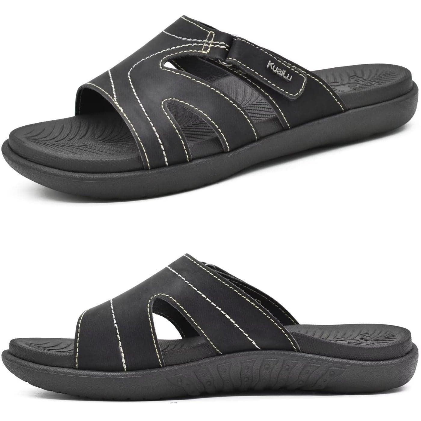 KuaiLu Womens Fashion Orthotic Slides Ladies Lightweight Athletic Yoga Mat Walking Sandals Slip On Thick Cushion Recovery Slippers Sandles Comfortable Plantar Fasciitis Arch Support Black Size 7.5