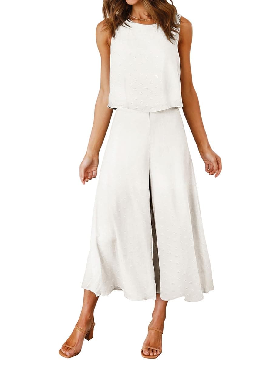 ROYLAMP Women's Summer 2 Piece Outfits Round Neck Crop Basic Top Cropped Wide Leg Pants Set Jumpsuits White Floral M