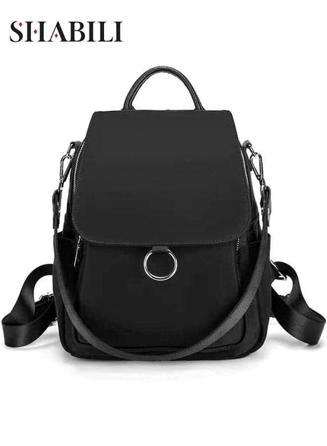 Large-Capacity Nylon Backpack School Bag Book Bag College Bag Back Bag Laptop Bag, Anti-Theft Top-Handle Shoulder Crossbody Purse for Women Ladies Girls Kids Youth, Daily Casual Party Travel (Black)
