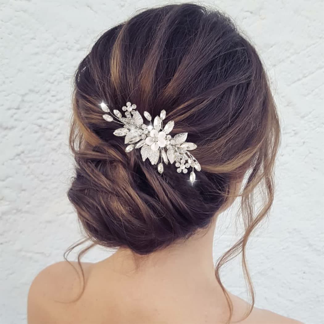 Jeairts Flower Rhinestone Hair Clips Silver Leaf Wedding Hair Pieces Glitter Floral Headpiece Hair Barrette Crystal Bridal Hair Accessories for Women and Girls