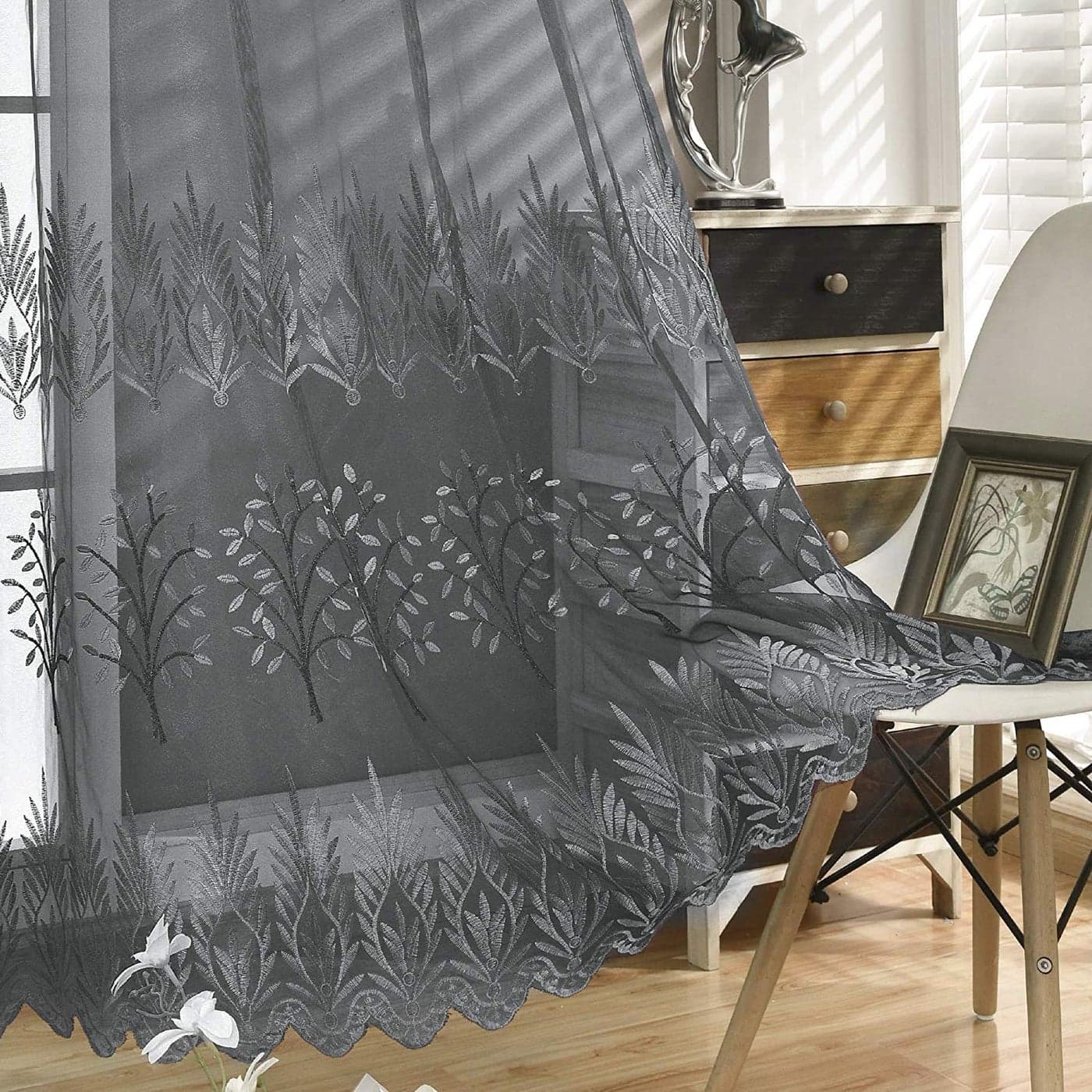 DONREN Tree Branch Design Embroidery Sheer Curtains for Bedroom Luxury Grey Embroidery Sheer Curtain Panels for Living Room W 52 x L 96 Inch2 Panels