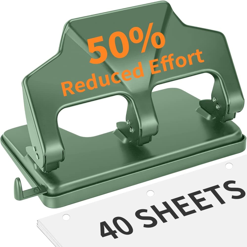 Heavy Duty 3 Hole Punch 40Sheet Heavy Duty Paper Punch 50 Reduced Effort 3Hole Punch AFMAT Metal Hole Puncher 3 Ring ThreeHole Paper Puncher wLarge Chip Tray for Classroom Office Green