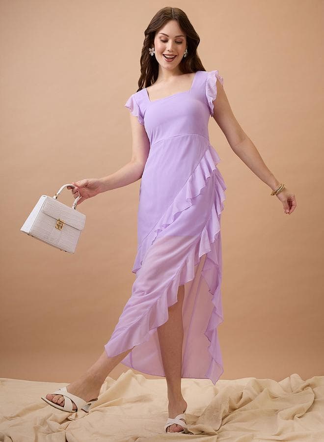 Lavender Square Neck Ruffle Hem Midi Dress — M
