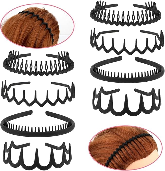 Qianyu 8 PCS Non Slip Plastic Headbands with Teeth Comb Black Skinny Hair Band Wavy Teeth Hairhoop Comfy Zig Zag Headbands Effortless Hairband Hair Accessories for Women Men Teen Girls