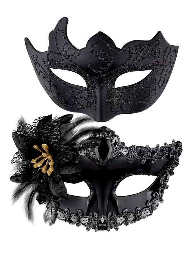 2 Pcs Couple Masquerade Mask Set Venetian Party Mask Mardi Gras Mask Costume Mask Fancy Dress Mask for Women Men (Black)