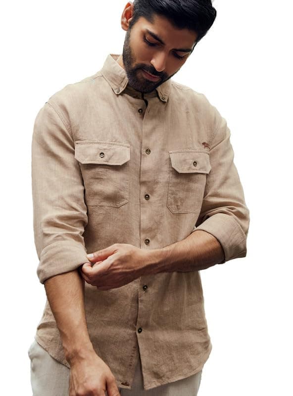Andamen Men's Linen Button Collar Shirt (Brown, M)