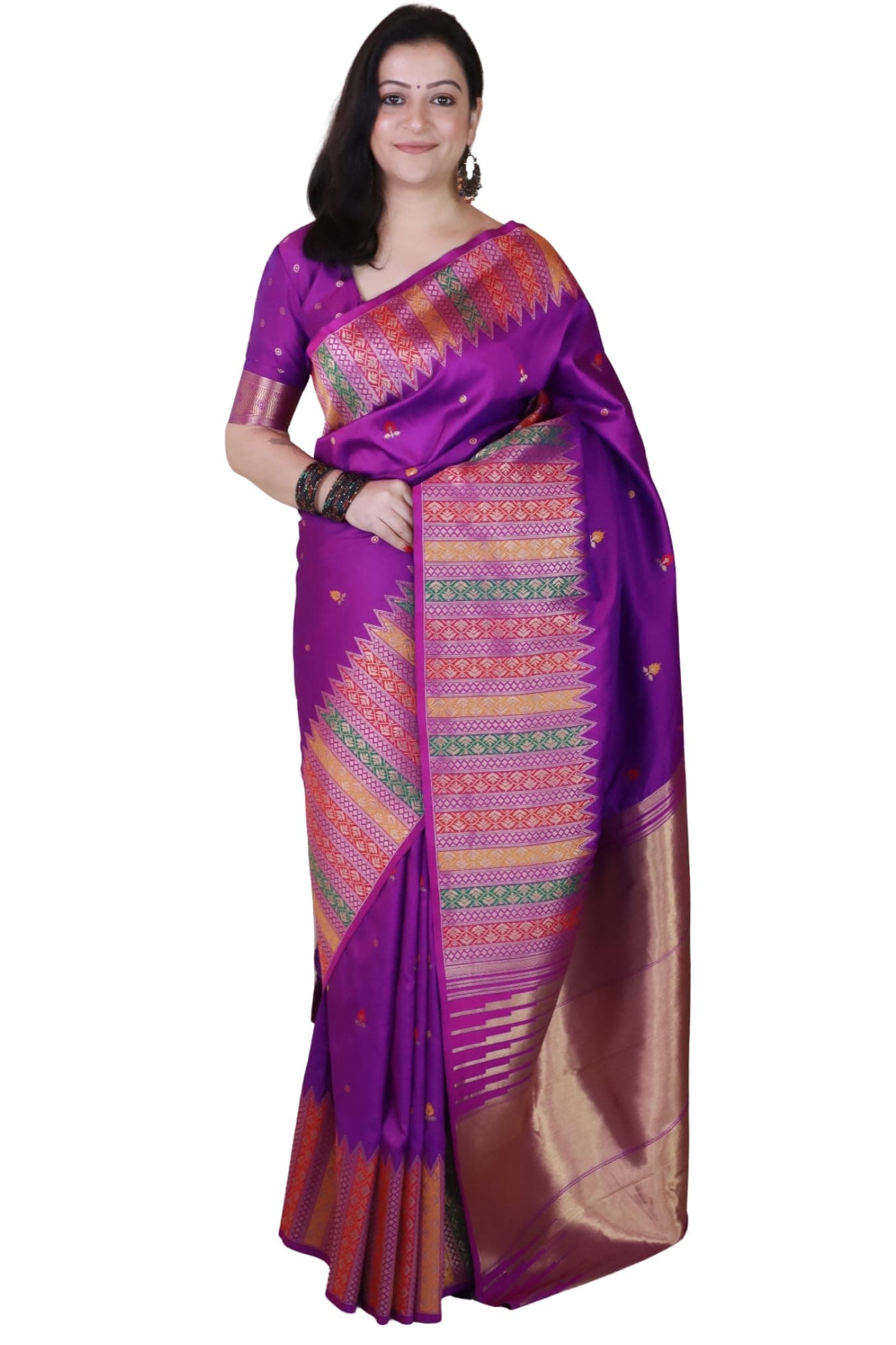 SGF11- Women's Kanjivaram Pure Soft Silk Handloom Saree Pure Golden Zari With Blouse Piece (Mid Purple)