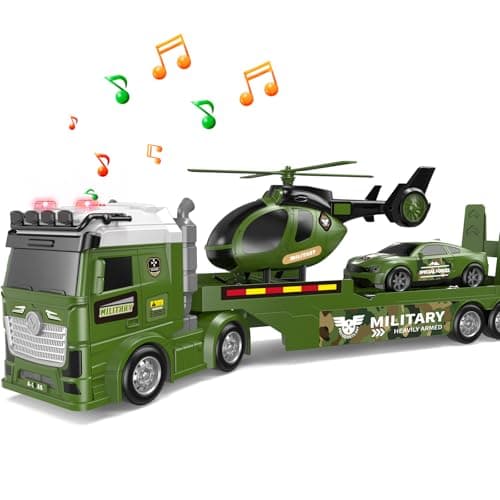 DWIRCTOYS Kids Toys for Ages 3 4 5 6 7 8 Years Old Boys 25 Large Army Semi Truck with Helicopter Race Car Friction Powered Vehicle with Lights SoundsBirthday Gift for Boys Girls