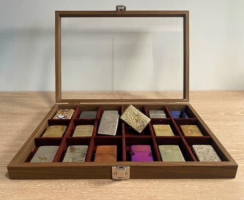 Zippo Lighter Display Case,Zippo Lighter Case With Glass Top&Lock,18 Capacity Collection Case For Lighters,Jewelry,Watches,Desktop Zippo Lighter Storage Case,Fabric Lined Show Case(non-wall-mountable)
