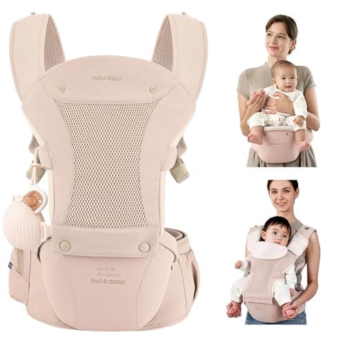 Bebamour Baby Carrier with Hip Seat,All-Position Breathable Mesh Hip Seat & Carrier 0-36Months with Head Hood, 3 PCS Teething Pads, Waist Extender,Storage Bag & Pacifier Case (Pink)