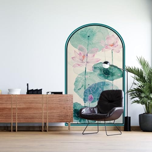 Livin'luxe Lotus Flower Wall Mural, Arched Design with Teal Border, Pink Lotus and Green Leaves Wallpaper for Living Room (48 Inch x 84 Inch, self adhesive Vinyl) WPR-13