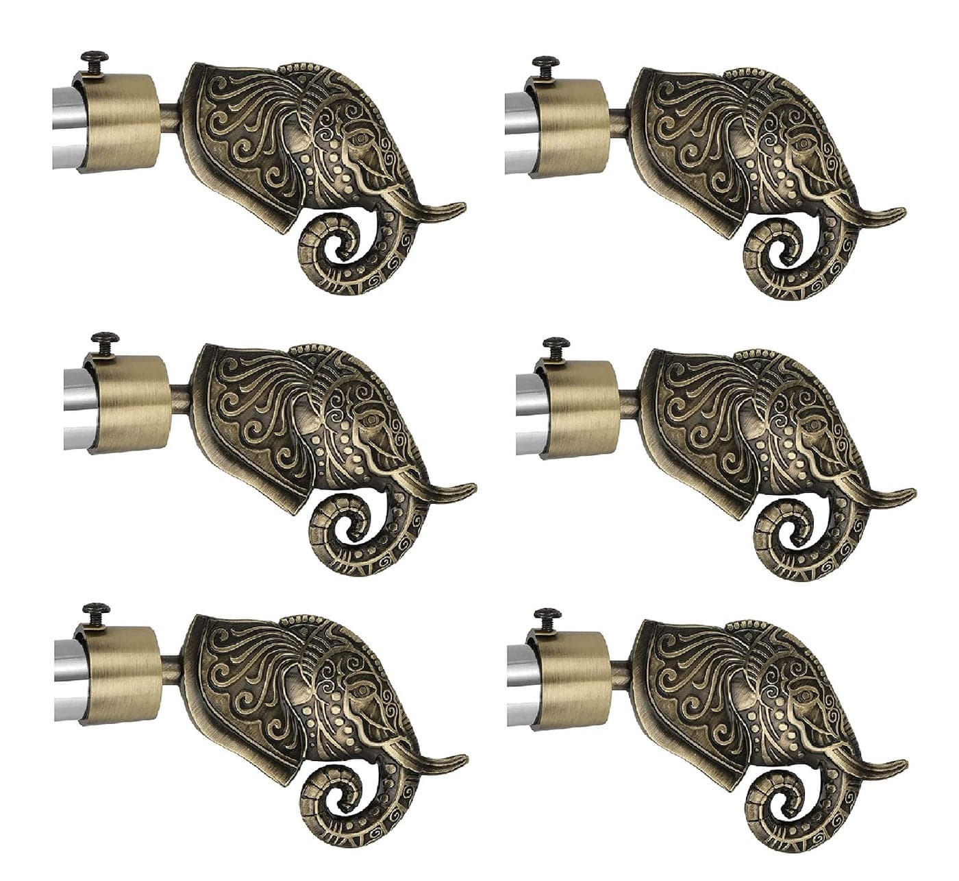FERIO Elephant Design Brass Antique Zinc Alloy Curtain Finials Door and Window 1 Inch Rod Size Set of 3 (6 Pcs) : Curtain Bracket/Holder